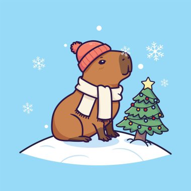 Kış Şapkası ve Atkıyla Şirin Çizgi Film Capybara Karlı Tepe Vektör İllüstrasyonunda Noel Ağacında Oturuyor