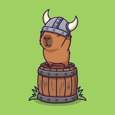 Şirin Capybara Çizgi Filmi Viking Miğferi Giyen Tahta Varil Vektör Çizimi