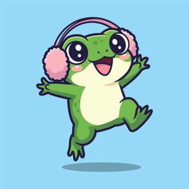 Şirin Çizgi Film Kurbağası Pembe Kulaklıklı Zıplıyor ve Mutlu İfade Vektörü İllüzyonu