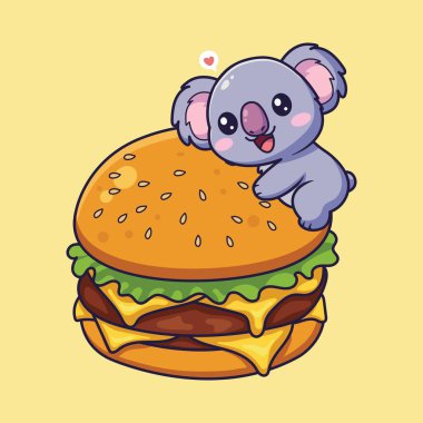 Sevimli Çizgi Film Koala Kucaklayan Çizburger Kalp Sembolü ve Mutlu İfade Vektörü İllüzyonu