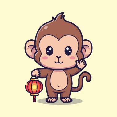 Çin Feneri Tutan ve Krem Arkaplanda El Sallayan Maymun 'un Şirin Vektör İllüstrasyonu
