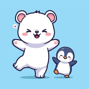 Beyaz Ayı ve Açık Mavi Arkaplanda Dans Eden Penguen 'in Şirin Vektör İllüstrasyonu