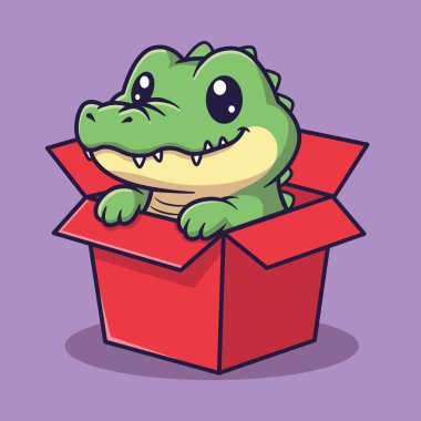 Şirin Bebek Yeşil Timsah Kırmızı Kutu Vektör Resimlerinden Bakıyor