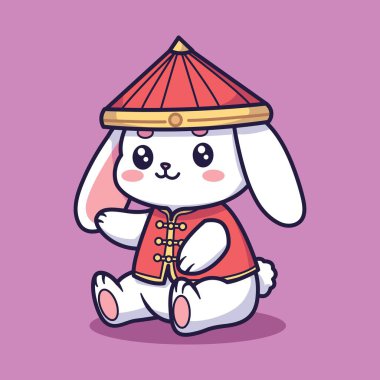 Çin Geleneksel Kıyafet Vektörü İllüstrasyonunda Şirin Tavşan