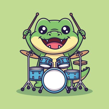 Şirin Timsah Davul Çalıyor Vektör İllüstrasyonu