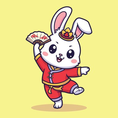 Çin Kıyafetinde Hayranla Şirin Tavşan Vektörü İllüstrasyonu