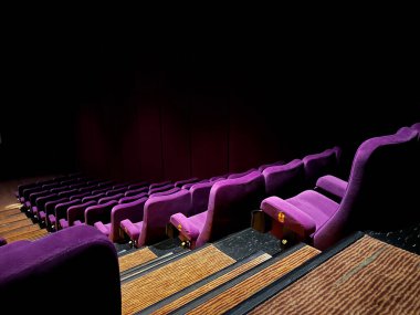 Yumuşak ışıklandırmalı boş mor koltuklardan oluşan bir tiyatronun iç görünümü.