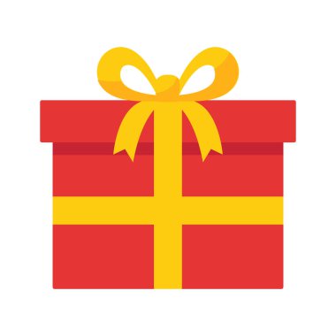 Kırmızı hediye kutusu simgesi. Altın kurdeleli renkli doğum günü hediyesi ve yay, Vektör illüstrasyonu