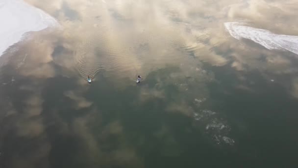 在皮划艇上的两个人沿着冬日的河流航行 — 图库视频影像