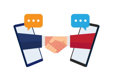 Çevrimiçi işbirliği ve anlaşma: akıllı telefon ekranından el sıkışmak için iki el uzatıldı. Başarılı anlaşmanın sembolü, iletişim konsepti, hisse senedi illüstrasyonu.