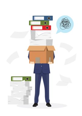 Elinde bir yığın kağıt ve ofis klasörü olan bir işadamı, hisse senedi çizimi.