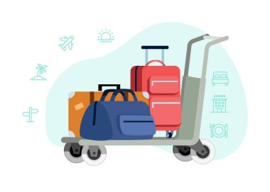 Bagaj arabasındaki bavullar beyaza izole edilmiş. Aile seyahati, tatil, iş gezisi kavramı. Düz stil ile vektör el çizilmiş clipart. hisse illüstrasyonu.