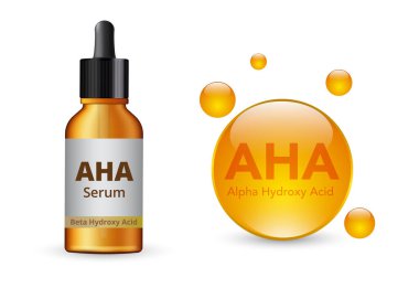 İçinde AHA yüz serumu ya da solüsyon serumu olan Amber cam damlası şişesi..