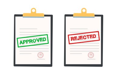 Onaylandı ve reddedildi. Belgeli pano, kırmızı reddedildi ve beyaz arka planda yeşil pul onaylandı. Çevrimiçi başvuru formu doldurma kavramı. Stok illüstrasyonu.