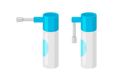 Boğaz spreyi. Oral sağlık ve tıbbi bakım için bir ilaç. Tedavi amaçlı ağız sıvısı şişesi. Stok illüstrasyonu.