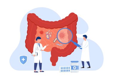 Bağırsak hastalığı teşhisi ve mikro flora araştırması. Bağırsak teşhisi araştırma enfeksiyonu tıp konsepti. Stok illüstrasyonu. 