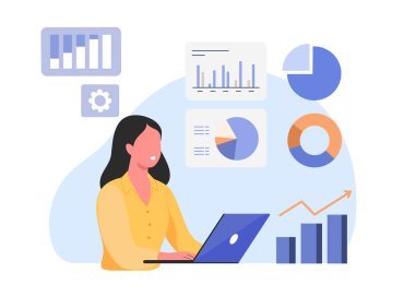 Ofiste dizüstü bilgisayarla çalışan bir kadın, veri analizi stok çizimi olarak..