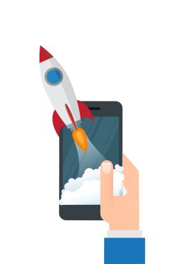 Yeni bir iş illüstrasyonunun tanıtımı için roket başlatmalı el ele tutuşan telefon fırlatıldı