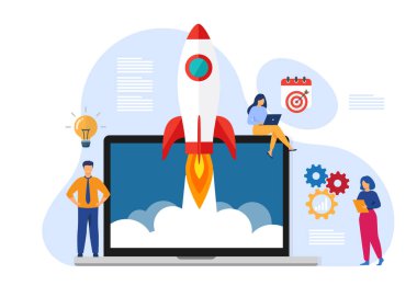 Dizüstü Bilgisayarından Roket Fırlatma Illustrating Startup hisse senedi çizimi