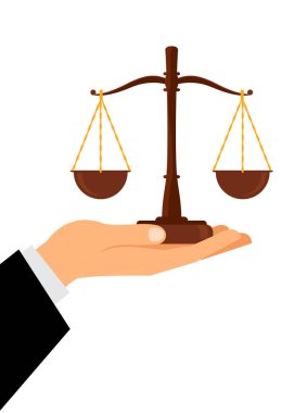 Hukuk ve adalet, avukatın eli teraziyi dengede tutar. Teraziyle karar ver. Adil yargı sistemi. hisse illüstrasyonu