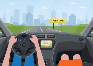Araba güvenliği kavramı. İnsan sürücü elleri asfalt yolda hız limitli stok çizimi ile otomobil sürüyor