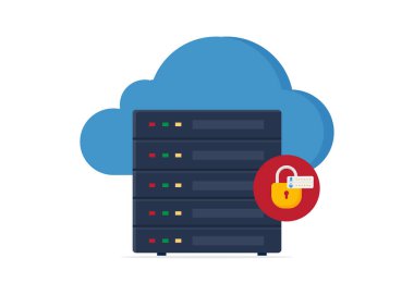 Veri koruması ve mahremiyet için asma kilit ve giriş alanlarıyla bulut sunucu rafını güvene alın. Hisse Çizimi.