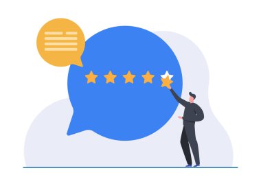 Yüksek müşteri memnuniyetini temsil eden mavi bir konuşma balonunda beş yıldızlı bir değerlendirme ve olumlu geri bildirim sunan bir kişinin çizimi. Stok illüstrasyonu