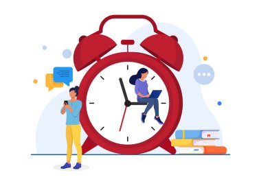 Üretken kadınlar, büyük bir kırmızı alarm saati etrafında iş, çalışma ve dijital iletişimi dengeliyor.