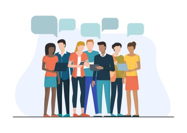 Dizüstü bilgisayarlar, tabletler ve telefonlarla işbirliği yapan çeşitli genç profesyoneller ve öğrenciler. Stok illüstrasyonu.