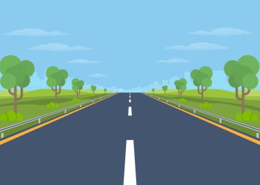 Ağaçlar, çimenler ve mavi gökyüzü ile ufka uzanan uçsuz bucaksız yol seyahat, seyahat, özgürlük ve ulaşım kavramları için idealdir. Stok illüstrasyonu.