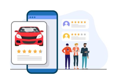 Bir akıllı telefon stok illüstrasyonunda araç değerlendirmelerini, yıldız değerlendirmelerini ve kullanıcı ifadelerini gösteren dijital bir arayüz.