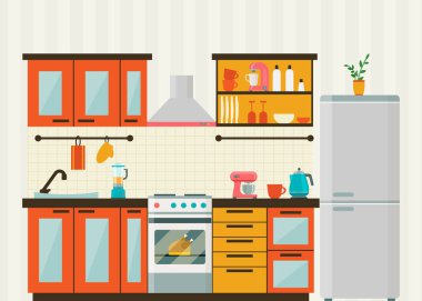 Turuncu dolap seti, fırın, buzdolabı ve küçük aletlerin bulunduğu rahat bir mutfağın düz vektör çizimi. Stok illüstrasyonu.