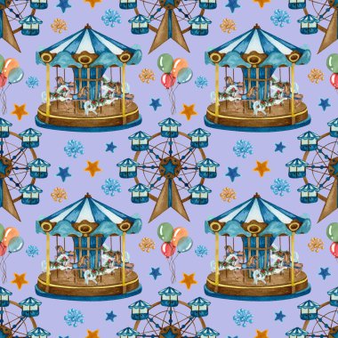 Atlıkarınca balonlu dikişsiz suluboya desen. Noel pazarında arka plan çizildi