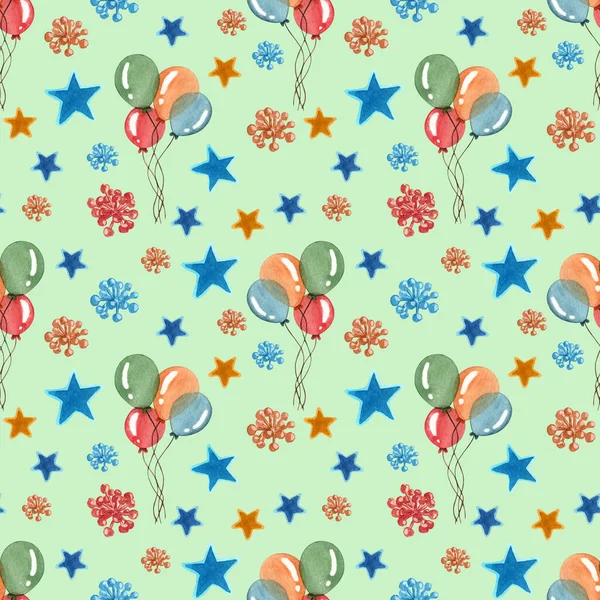Seamless background with colorful balloons. Watercolor Seamless Pattern with Cute Balloons and Stars. Colorful Cartoon Balloons. Holidays