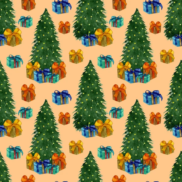 Aquarell nahtloses Muster mit Weihnachtsbaum und Geschenkschachteln. Handgezeichnete Geschenke und Geschenke. Weihnachtlicher Hintergrund. — Stockfoto