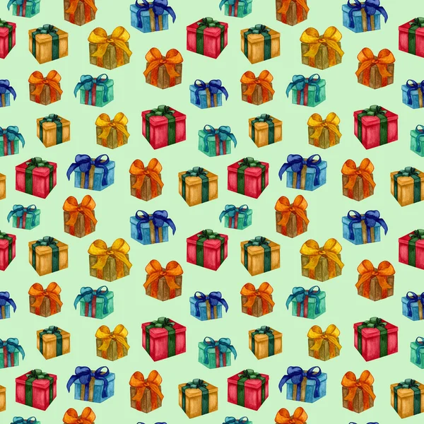 Watercolor seamless pattern with gift boxes. Hand drawn presents and gifts. Christmas background. — Stock Photo, Image