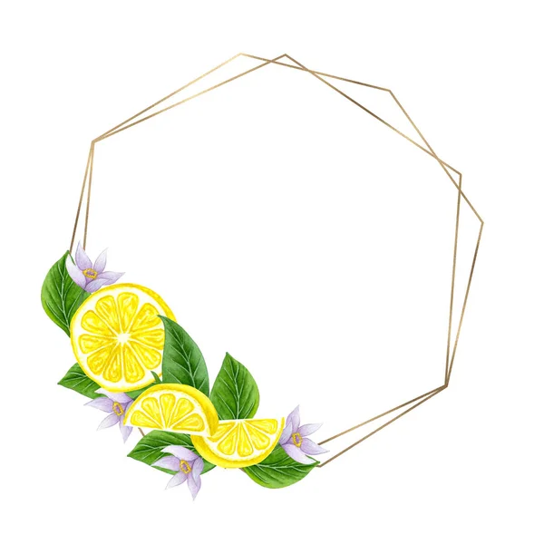 Ghirlanda di limone acquerello. Cornice disegnata a mano con limoni e foglie. — Foto Stock