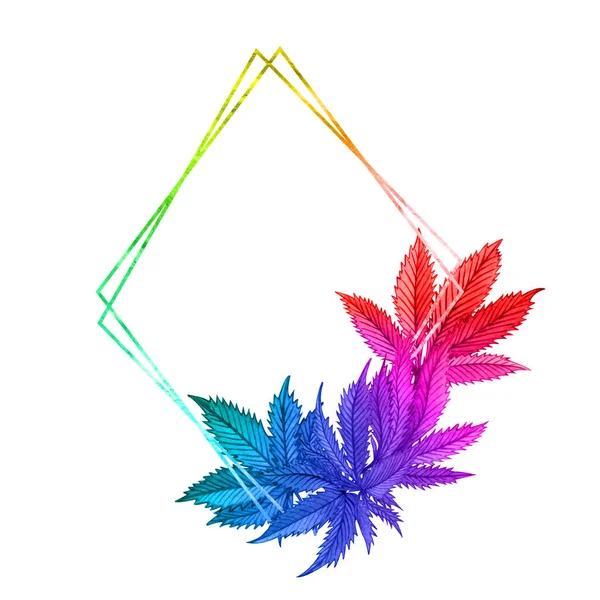 Acquerello cornice di cannabis arcobaleno. Ghirlanda di canapa selvatica disegnata a mano per biglietto di auguri, logo, cornice o bordo — Foto Stock