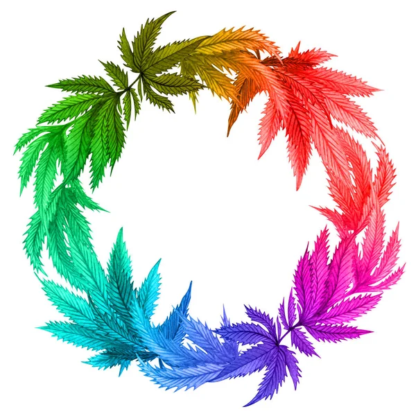 Acquerello cornice di cannabis arcobaleno. Ghirlanda di canapa selvatica disegnata a mano per biglietto di auguri, logo, cornice o bordo — Foto Stock