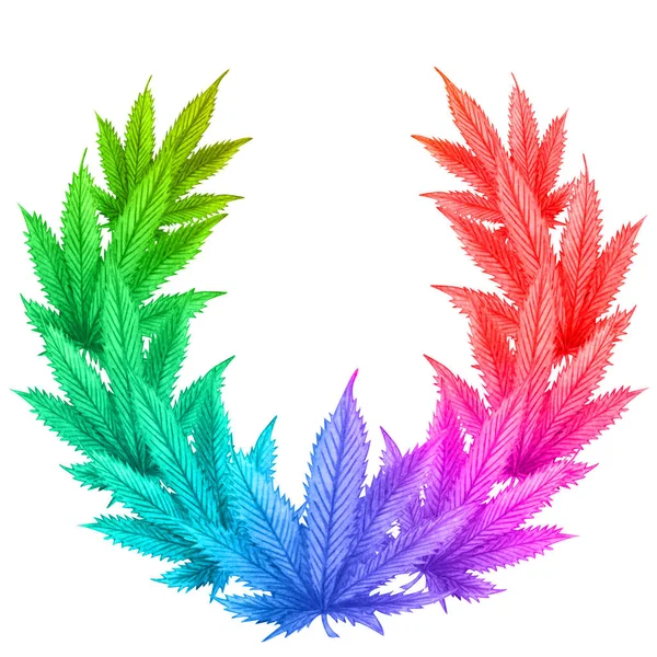 Akvarell szivárvány cannabis keret. Kézzel húzott vadkendernövény koszorú üdvözlőkártyához, logóhoz, kerethez vagy határhoz — Stock Fotó