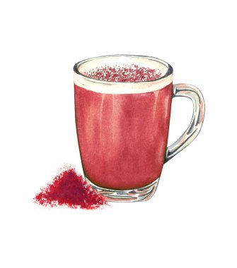 Beyaz arka planda cam bir fincanda bir fincan pancar kökü latte. Suluboya çizimi