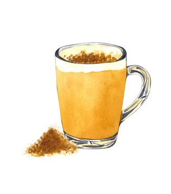 Beyaz arka planda cam bir fincanda bir fincan sıcak zerdeçal latte. Suluboya çizimi. Curcuma