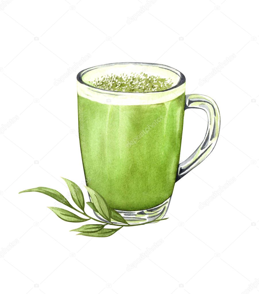 A cup of hot matcha latte in a glass cup on white background. Watercolor illustration