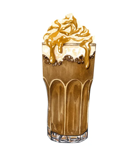 Mão desenhada xícara de café latte. ilustração frappe caramelo aquarela. — Fotografia de Stock