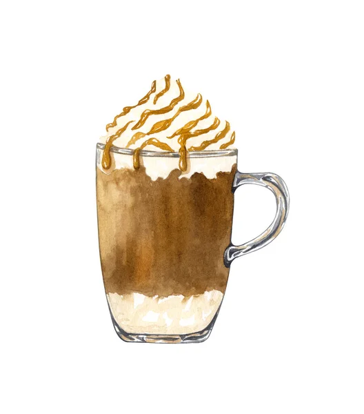 Taza dibujada a mano de café con leche. Acuarela caramelo frappe ilustración. —  Fotos de Stock