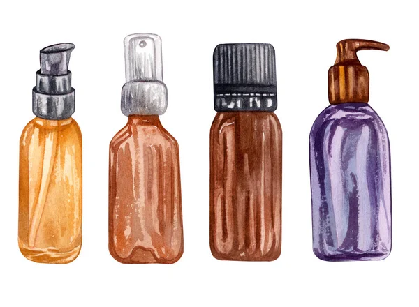 Akwarelowe tuby kosmetyczne na białym tle. Brązowe i fioletowe kolory. Zestaw butelek z olejem — Zdjęcie stockowe
