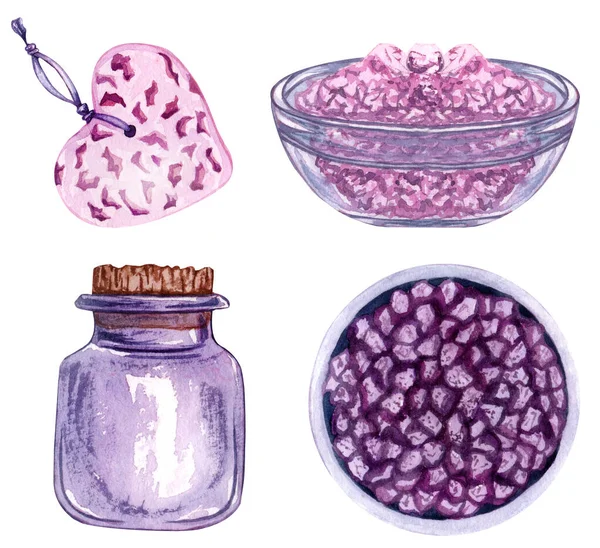 Conjunto de objetos de spa, pedras naturais, sal de banho, sabão, velas, gotas de água. ilustração aquarela — Fotografia de Stock