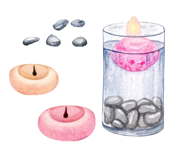 Conjunto de objetos de spa, piedras naturales, sal de baño, jabón, velas, gotas de agua. acuarela ilustración — Foto de Stock