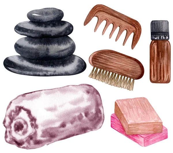 Set di oggetti spa, pietre naturali, sale da bagno, sapone, candele, goccioline d'acqua. illustrazione acquerello — Foto Stock