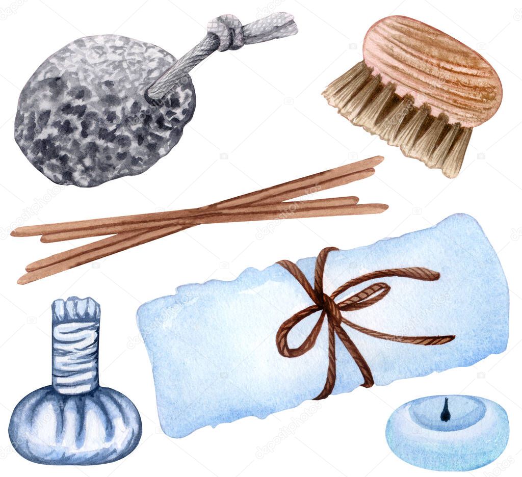 Set of spa objects, natural stones, bath salt, soap, candkes, water droplets. watercolor illustration